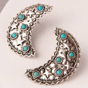 Western Star Patterned Crescent Moon Earrings Turquoise